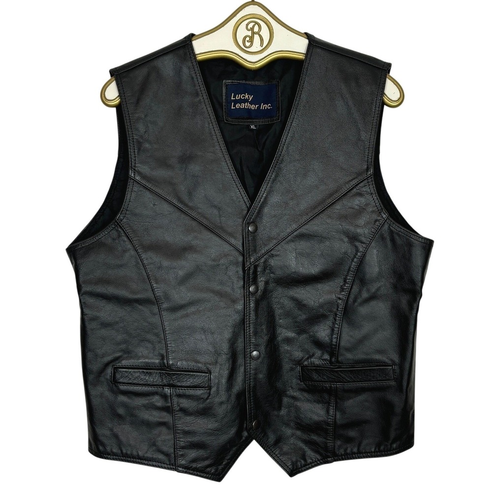 Vintage Lucky Leather Inc Vest Women XL Black Western Biker Moto Snap Front
